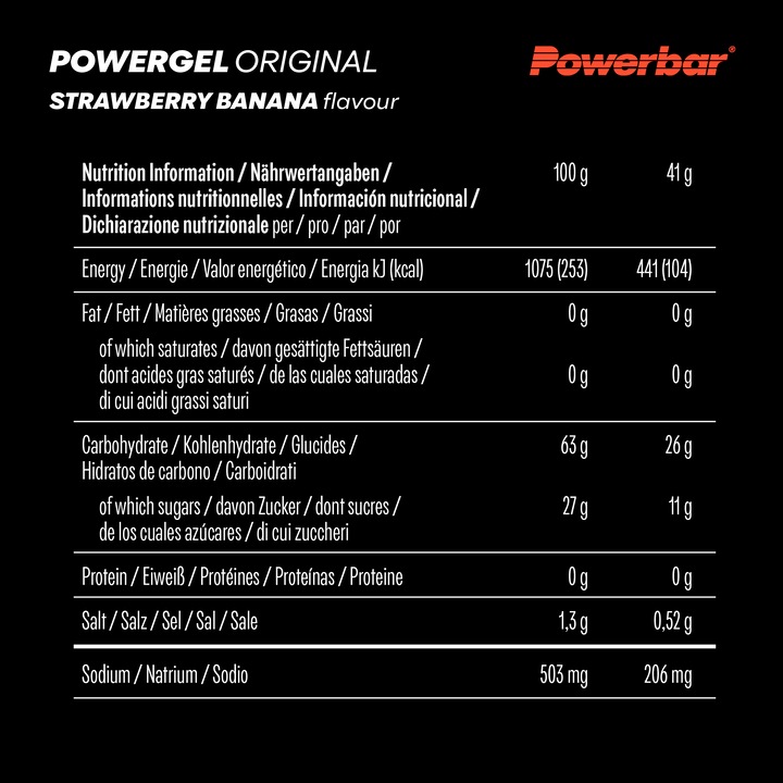 Nutritional values and ingredients Powerbar PowerGel Original (Strawberry, Banana, 24 pcs., 984 g)