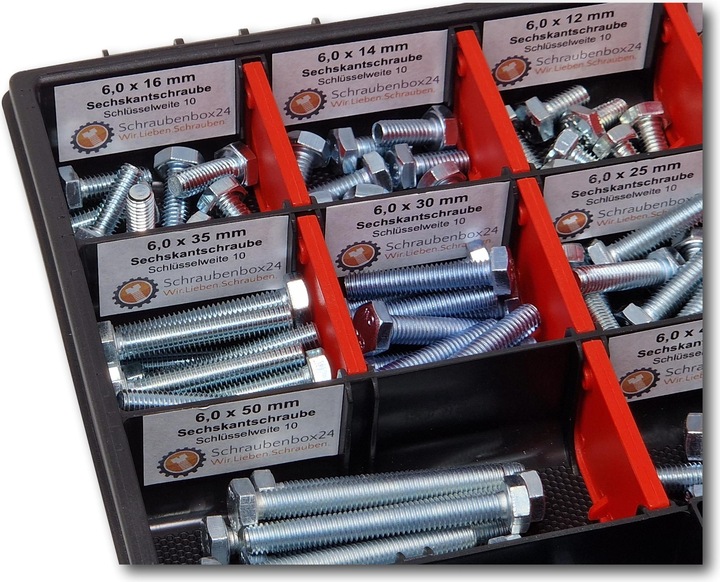 Produktbild Schraubenbox24 Sechskantschrauben Sortiment M6 // 6mm-60mm 200 tlg Schraubenbox DIN 933/ISO4017 (200 Schrauben pro Stück)