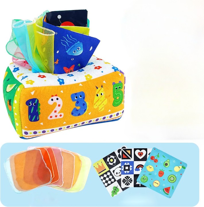 Image du produit Activity Board Boîte à mouchoirs pour bébé Jouets éducatifs Jouets sensoriels souples et colorés pour l'exercice