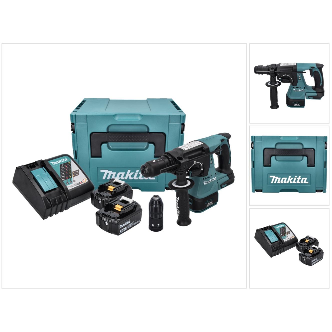 Makita, Trapano + Avvitatore a batteria, DHR 243 RFJ Tassellatore a batteria 18V con attacco SDS-Plus + Valigetta Makpac + 2x Batterie