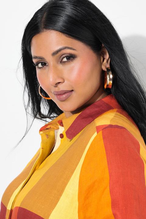 Actual product image Ulla Popken Linen Madras Check 3/4 Sleeve Shirt Dress (46, 48)