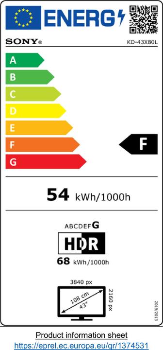 Energy Label Sony KD-43X80L (43", X80L, LED, 4K, 2023)