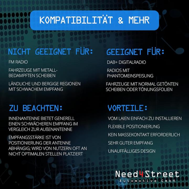 Valori nutrizionali e ingredienti Need4Street DAB+ Autoantenne mit Verstärker und SMB-Stecker