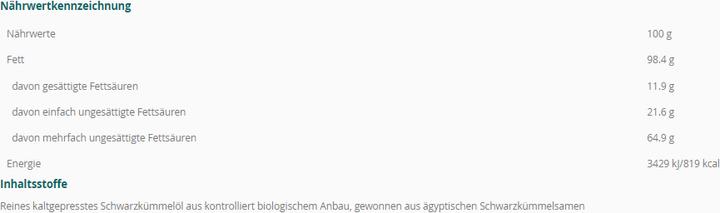 Nährwerte und Zutaten Amazonas Natur Schwarzkümmelöl 100% Bio Ägypten (1 Stück, Öl, 483 g)