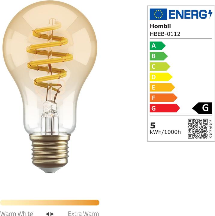 Energy Label Hombli Filament Bulb CCT A60 (E27, 5.50 W, 300 lm, 1 x, G)