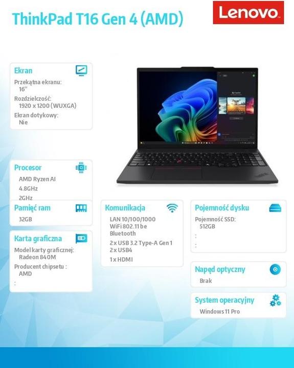 Image du produit Lenovo ThinkPad T16 Gen 4 (AMD) Copilot+ PC (16", 512 Go, 32 Go, ING. Int.)
