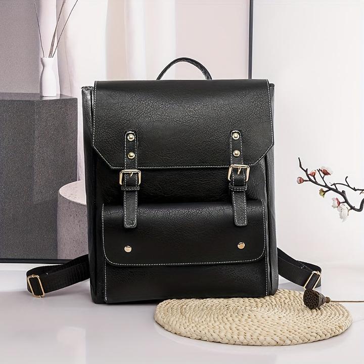 Produktbild Only-Bags.Store Vintage Schnalle Dekor Klappe Backpac, Preppy Style Schultasche, solide Farbe Laptop Daypack