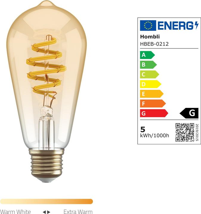Energy Label Hombli Filament Bulb CCT E27 ST64 (E27, 5.50 W, 300 lm, 1 x, G)