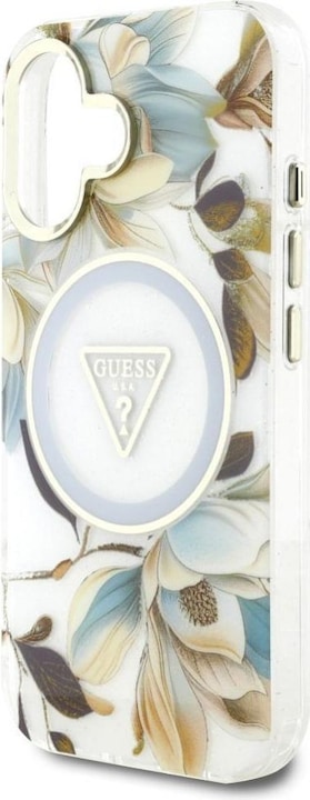 Produktbild Guess Glitter Flowers Triangle Buttons MagSafe case for iPhone 16 white (Apple iPhone 16)