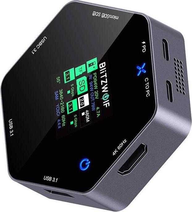 Actual product image BlitzWolf 8in1 docking station BW-TH16 USB 100W LCD Smart Display (USB-C, 8 Ports)