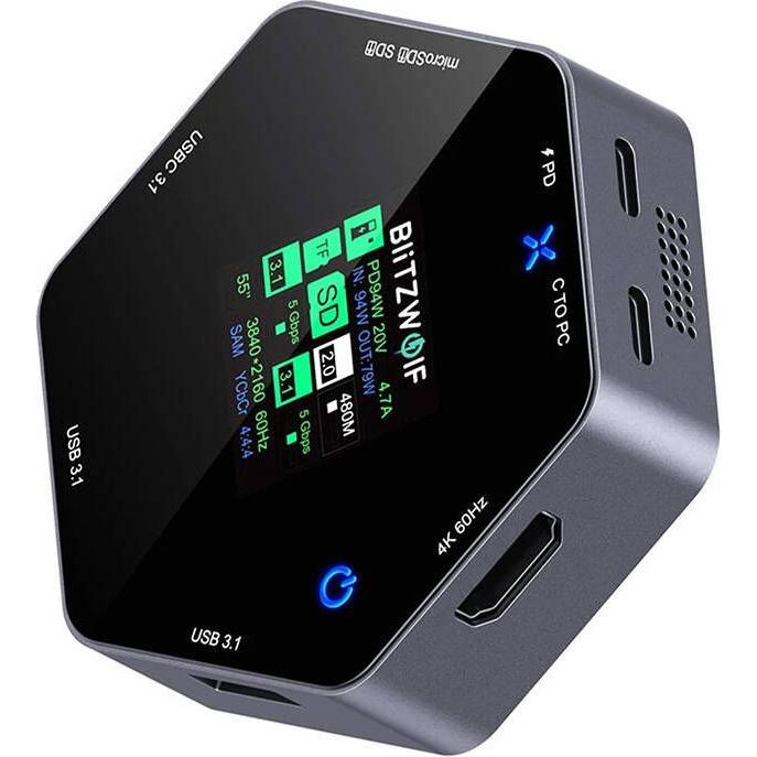 BlitzWolf 8in1 docking station BW-TH16 USB 100W LCD Smart Display (USB-C, 8 Ports), Dockingstation + USB Hub