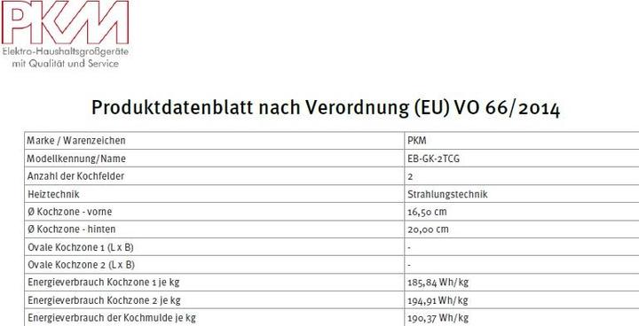 Valeurs nutritives et ingrédients PKM EB-GK-2TCG Kochfeld