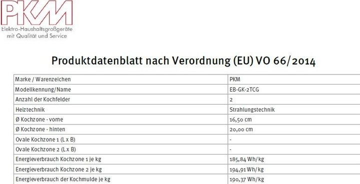 Nutritional values and ingredients PKM EB-GK-2TCG Kochfeld