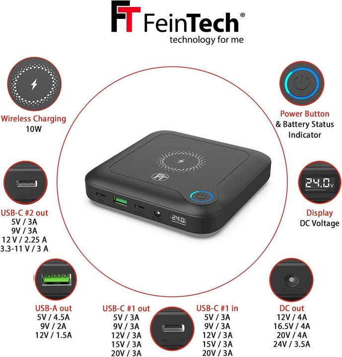 Produktbild FeinTech 60W PD Powerbank mit USB-C, DC-Anschluss und 10W drahtlosem Laden für Laptops, Tablets, Smartphones (60 W, 88 Wh)