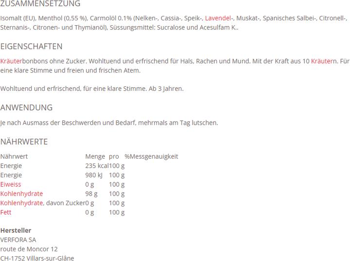 Nährwerte und Zutaten Carmol Kräuterbonbons ohne Zucker (12 Stk., 75 g)