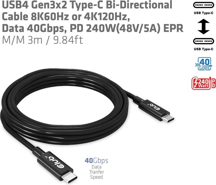 Produktbild Club 3D USB C — USB C (3 m, USB 4.0, 240 W)