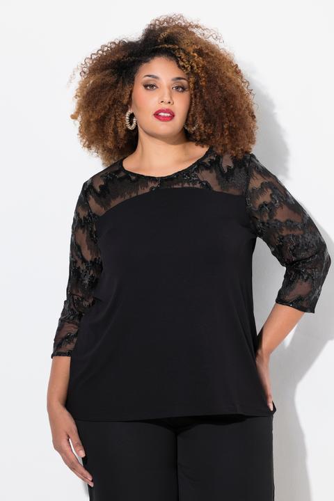 Actual product image Ulla Popken Sequined Mesh Panel 3/4 Sleeve Tee (50, 52)