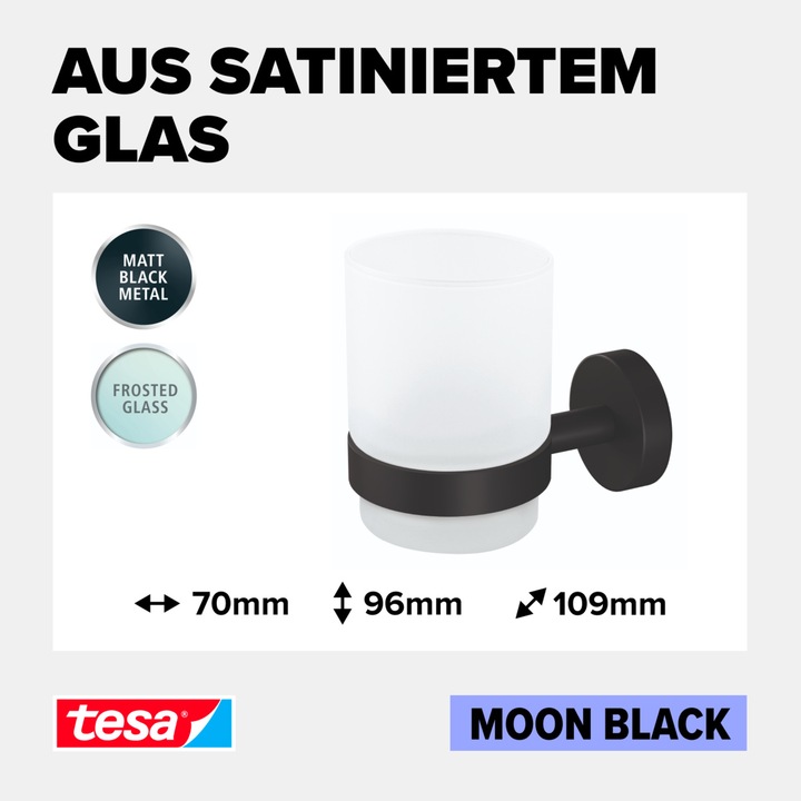 Produktbild tesa MOON BLACK Zahnputzbecher inkl. Klebelösung ohne Bohren (9 x 13.5 x 18 cm)