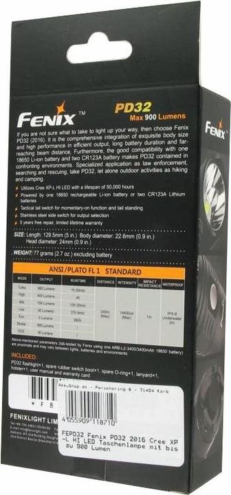 Produktbild Fenix Taschenlampe PD32 2016 Cree XP-L HI LED, inklusive Akku (900 lm)