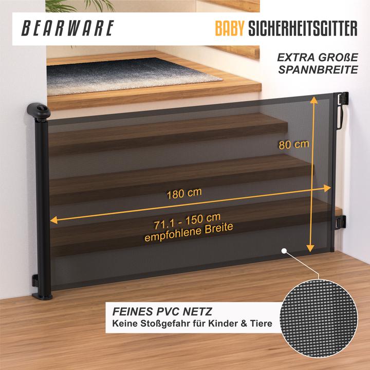 Actual product image Bearware Baby Sicherheitsgitter, Einhandbedienung, geeignet für Treppen, Türen, ausziehbar, 180cm, schwarz