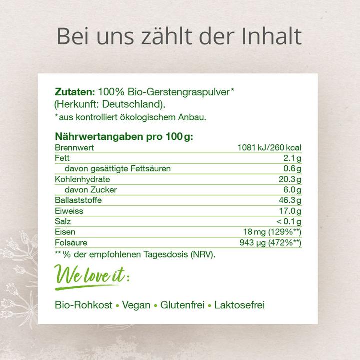 Nutritional values and ingredients Effective Nature Organic barley grass (1 pcs., Powder, 150 g)