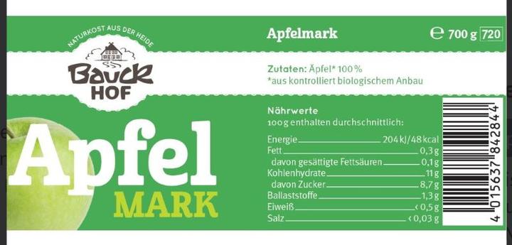 Nährwerte und Zutaten Bauckhof Apfelmark ungesüsst Demeter (700 g)