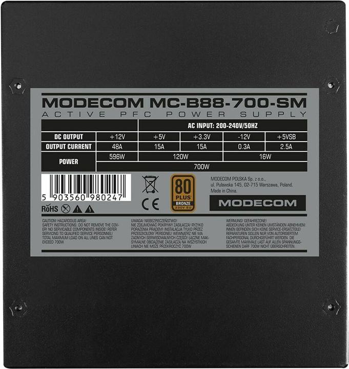 Produktbild Modecom ZASILACZ MC-B88-700SM 80+ BRONZE 230V EU (700 W)