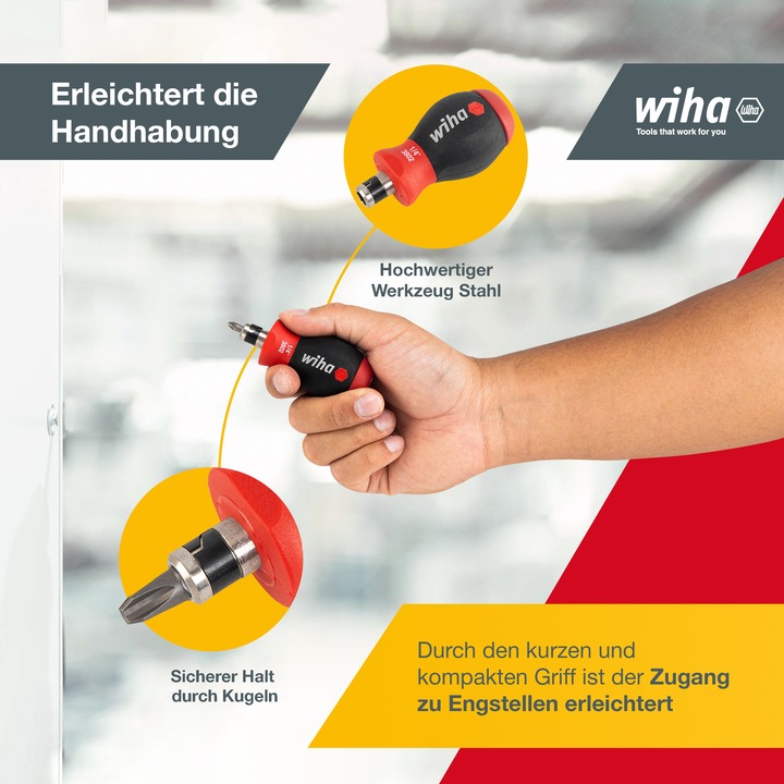 Productafbeelding Wiha Schroevendraaier met Bit Magazine Stubby (Schroeven met sleufkop, Inbus, Torx (TX), Kruisvormig PZ, Phillipps kruissleuf (PH))