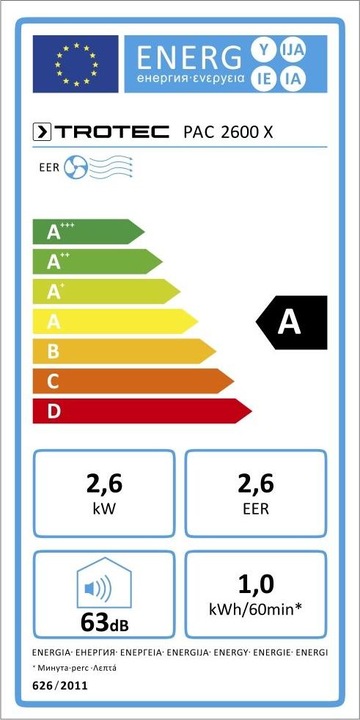 Etichetta energetica Trotec Condizionatore mobile PAC 2600 X, Nome: Cond. Mob. PAC 2600 X, Adatto per l'uso interno: (34 m², 9000 BTU/h)