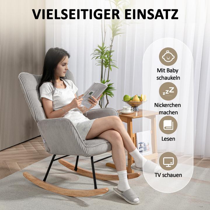 Image du produit Homcom Schaukelstuhl Kord (100% Polyester), Buchenholz Hellgrau