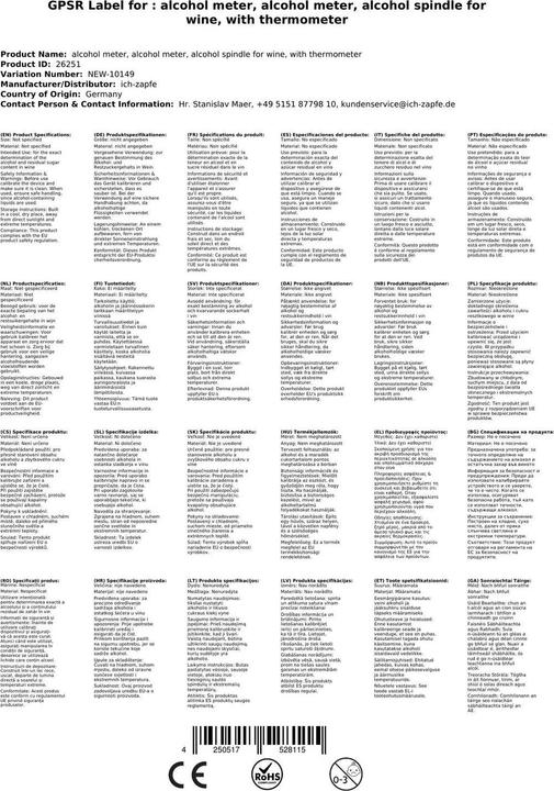 Image du produit Ich-zapfe Alkoholmessgerät, Alkoholmeter, Alkoholspindel für Wein, mit Thermometer (Thermomètre à vin)