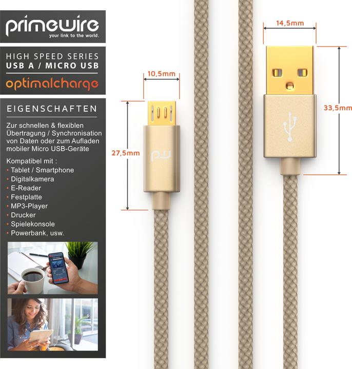 Actual product image Primewire Micro USB Cable - 2.4A MicroUSB Fast Charging Cable, Nylon, Metal Plug, Data Cable Charging Cable (2 m, USB 2.0)