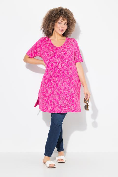 Produktbild Ulla Popken Longshirt, floraler Druck, V-Ausschnitt, Halbarm, Taschen (56)