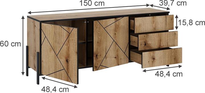 Produktbild Vichy Lowboard Hatto, Eiche, 150 x 60 cm mit Türen und Schubladen