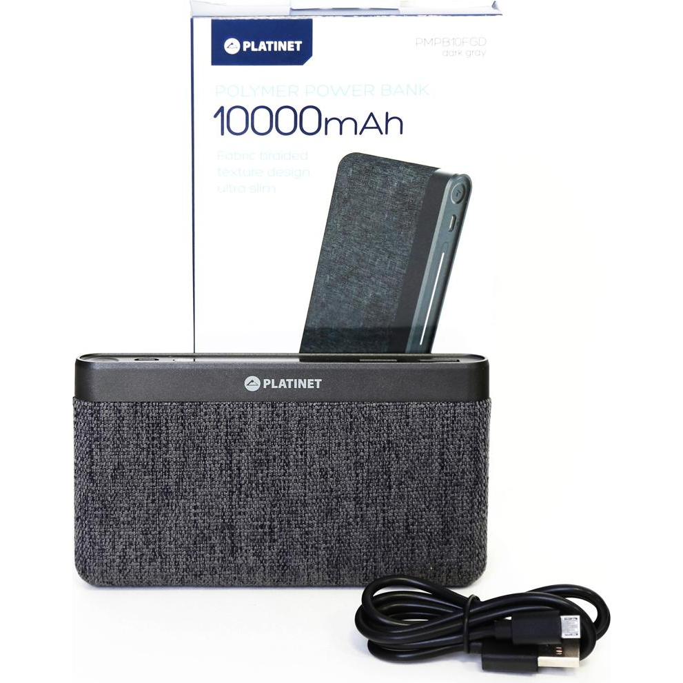 Platinet Powerbank fabric braided with 10,000 mAh graphite (44385) (10000 mAh, 5 W, 37 Wh), Powerbank, Grau