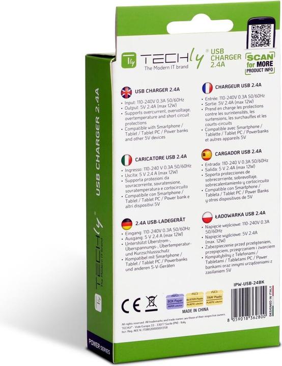 Produktbild Techly USB-A Wandladegerät 5V 2.4A für Smartphone oder Tablet (12 W)