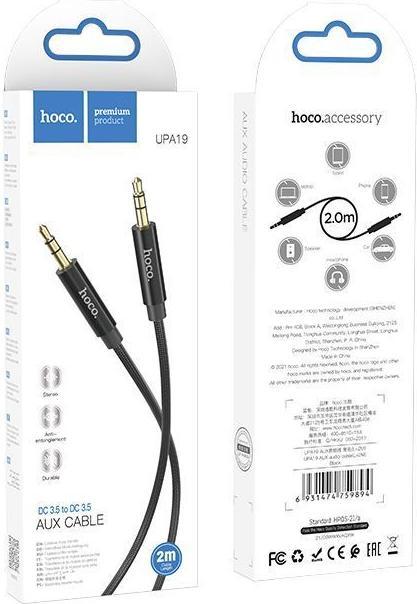 Produktbild Hoco - Audio Cable (UPA19) - Jack 3.5mm to Jack 3.5mm, 2m - Black (2 m, 3.5mm Klinke (AUX))