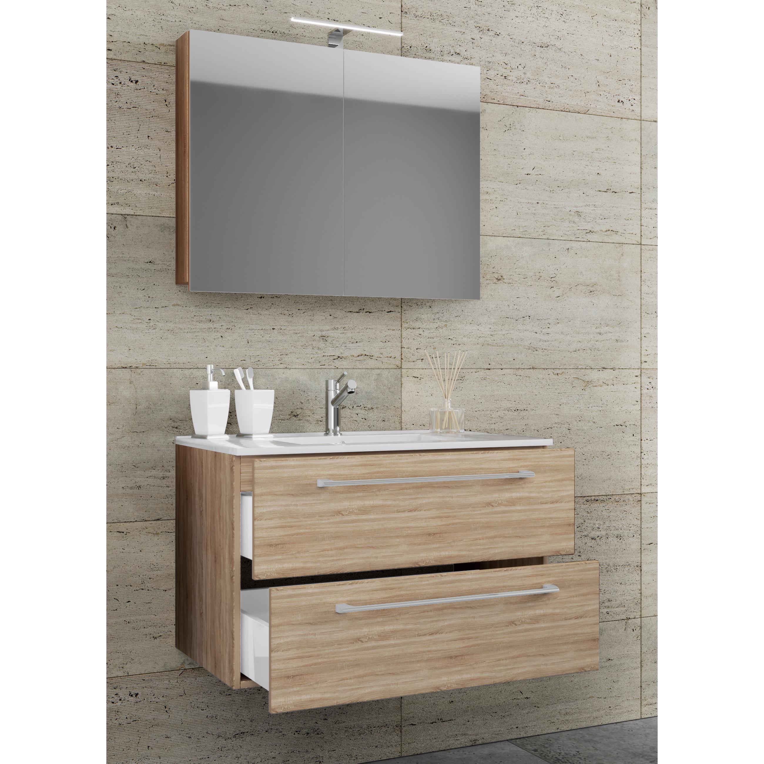 VCM, Badmöbelset, 3.-tlg. Waschplatz Waschtisch Badinos 2 Schubladen Spiegelschrank