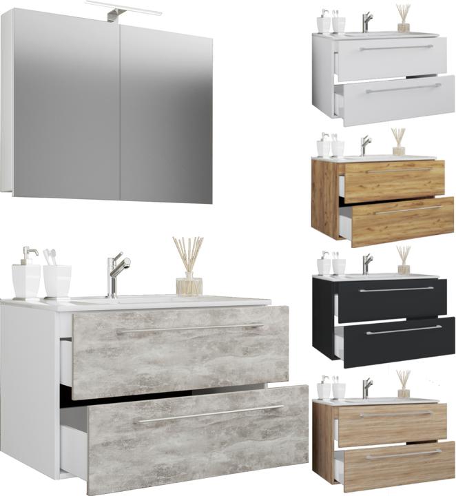 VCM 3-piece wash place washbasin Badinos 2 drawers mirror cabinet