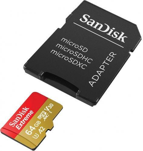 Productafbeelding Sandisk Extreme Micro SDXC 64 GB voor Action Cams en Drones + SD Adapteris 160MB/s A2 C10 V30 UHS-I U (64 GB, microSDXC, U3, UHS-I)