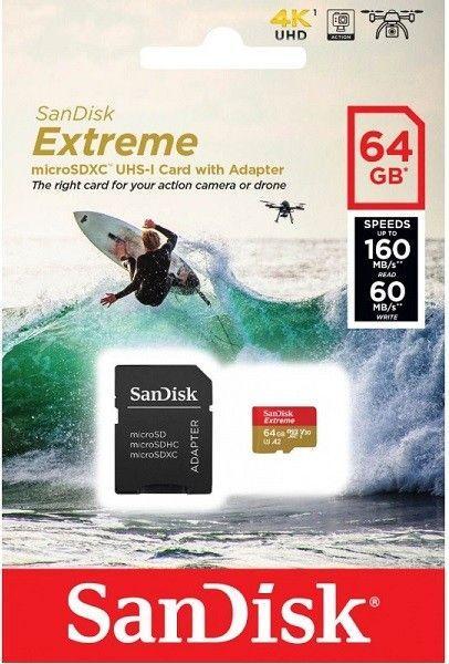 Productafbeelding Sandisk Extreme Micro SDXC 64 GB voor Action Cams en Drones + SD Adapteris 160MB/s A2 C10 V30 UHS-I U (64 GB, microSDXC, U3, UHS-I)