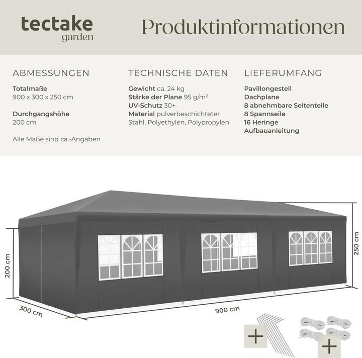Actual product image tectake Pavillon Miramas mit 8 Seitenteilen, wasserdicht, 9x3m (900 cm, 300 cm)