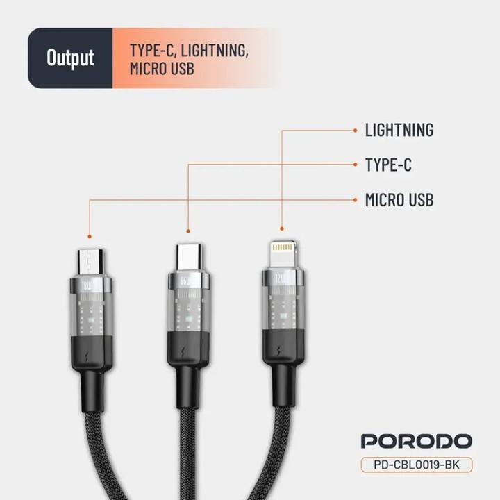 Image du produit Porodo 4-IN-1 Digital-Display Schnellladung 1m Kabel TypC auf C+L+M 66W - Schwarz (1 m, USB 2.0, 60 W)