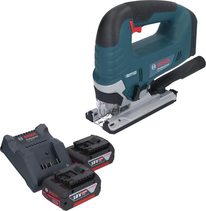1x Kit d'aspiration (1 619 P17 472), 1x Bosch GAL 18V-20 Chargeur de batterie, 1x Bosch GST 18V-125 B Professional Scie sauteuse sans fil, 2x Bosch GBA 18 V / 4 Ah / 4000 mAh batterie Li-Ion, Vitesse pour le bois (2 608 630 560), 1x protection contre la déchirure des copeaux (2 601 016 065), 1x lame de scie sauteuse T 144 D