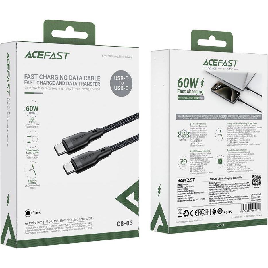 Thumbnail - Acefast C8-03 USB-C / USB-C 60W 3A Kabel - schwarz (USB 3.2 Gen 2), USB Kabel