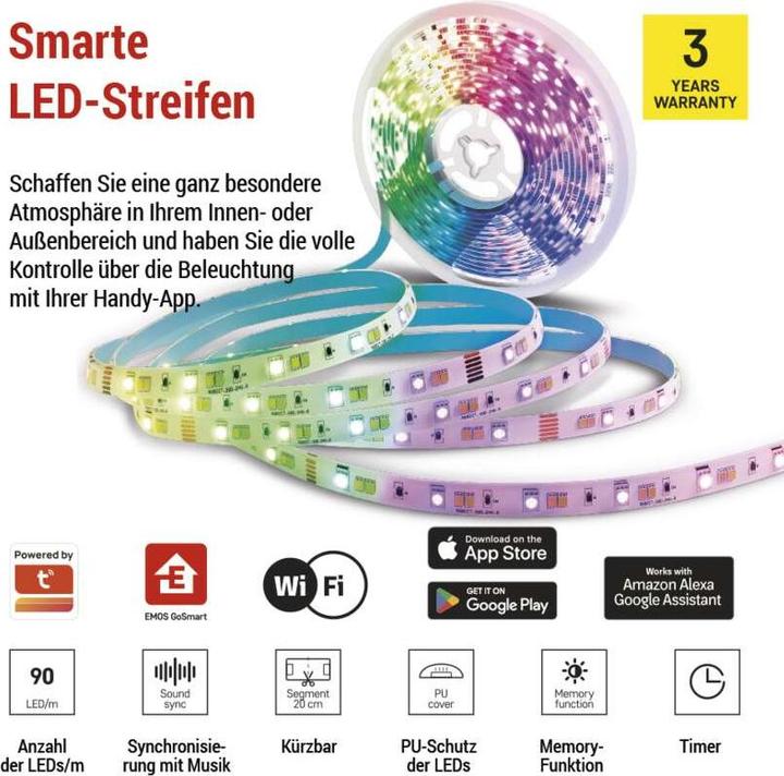 Actual product image Emos GoSmart LED-Streifen WiFi 5 m, 22W, 1400lm, RGB/CCT (Cold White, Warm white, 500 cm, Indoor)
