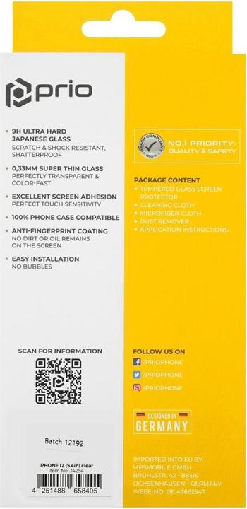 Produktbild prio Tempered Glass Screen Protector for iPhone 12 mini clear (1 Stk., Apple iPhone 12 mini)