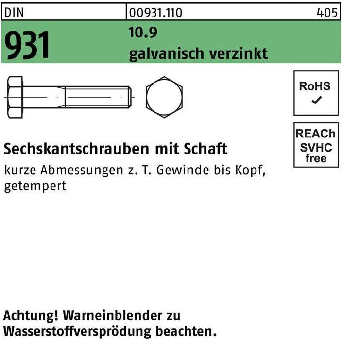 Reyher, Schrauben, Sechskantschraube DIN 931 m.Schaft M 20 x 70 10.9 galvanisch verzinkt (25 Schrauben pro Stück)