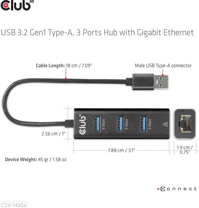 Produktbild Club 3D Club3D Adapter USB 3.2 Typ A > 3x USB 3.2 Typ A/LAN retail (USB-A, 3 Ports)