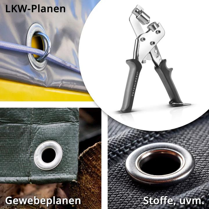 Immagine prodotto Stahlwerk Set di pinze per occhielli da 10 mm con foratura e 125 occhielli in acciaio temprato (215 mm)